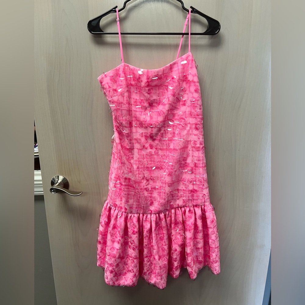Neubyrne Demi Drop Waist Sequin Dress in Pink Gingham